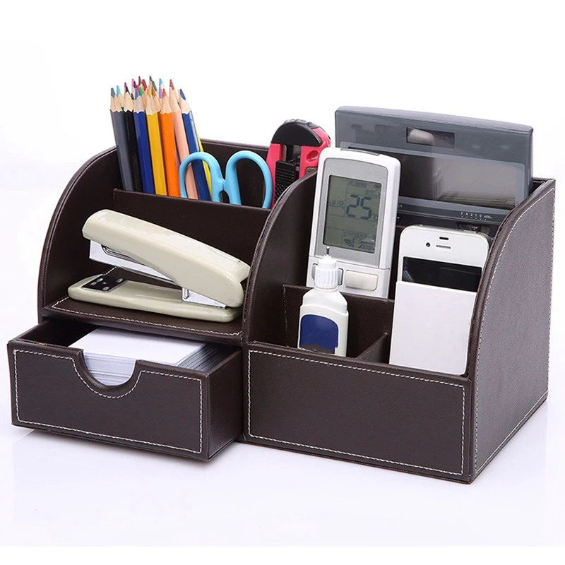 Multifunctional Leather Large Pen Holder Remote Control Cosmetic Storage Box Desktop Stationery Storage Box