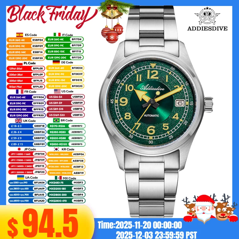 Addiesdive ساعات آلية أوتوماتيكية 20Bar الآكل مقاومة Montre أوم التقويم عرض الياقوت كريستال مضيئة ساعة رجالية