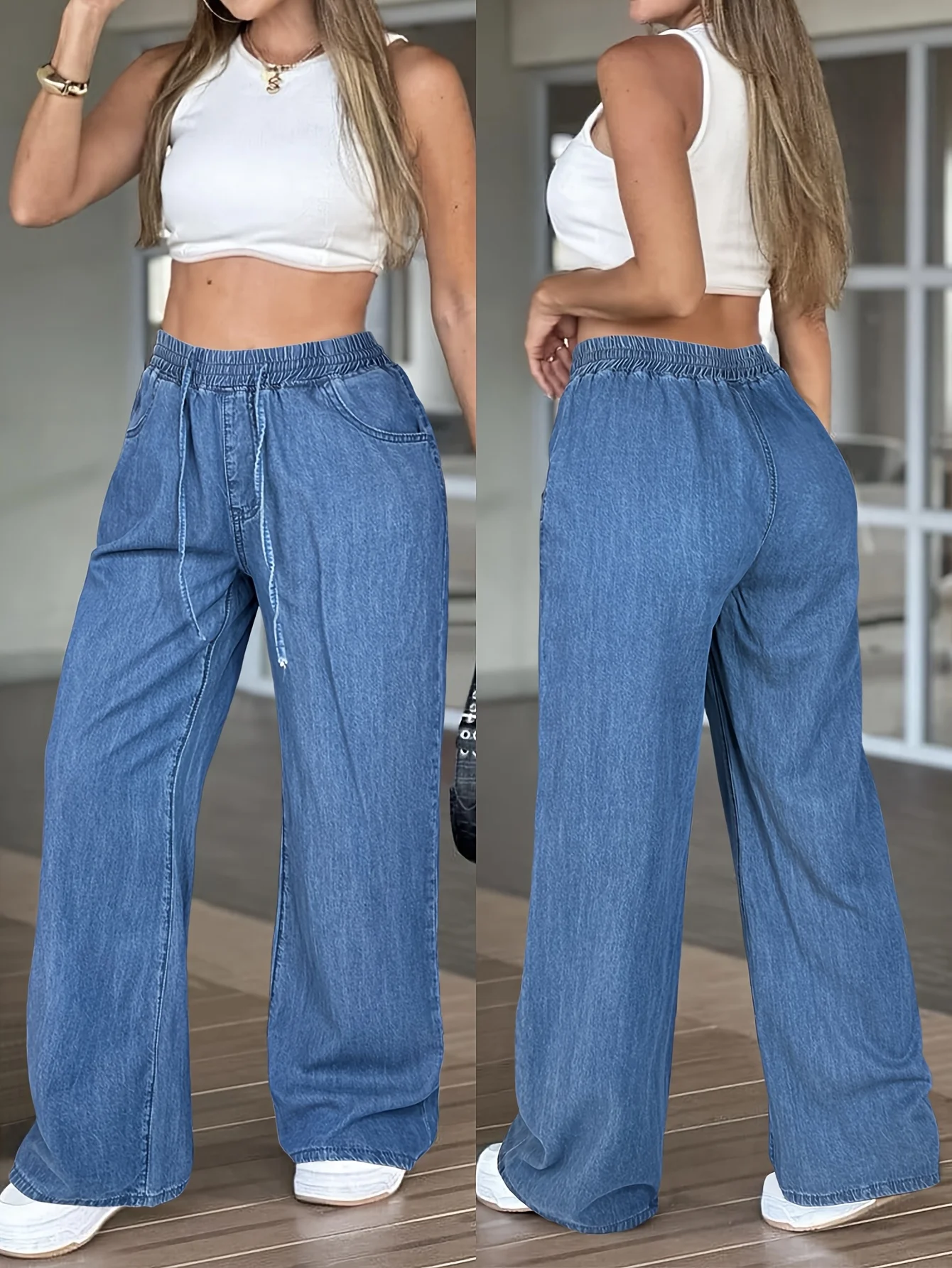 Jean droit taille haute de couleur unie pour femmes, Design de ceinture élastique avec cordon de serrage, pantalon léger et confortable à jambes larges