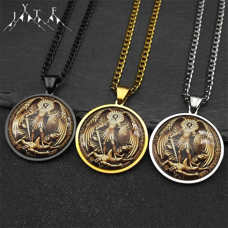 SAINT MICHAEL PROTECT US Arcángel Collar con colgante de medalla de vidrio redonda de acero inoxidable para mujeres y hombres, joyería de cadena de Color dorado