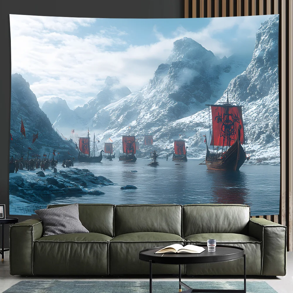 Viking Warrior & Snow Sailboat Tapestry - Perfect for Living Room, Bedroom, Office Decor | Ideal Creative Gift 150x230cm