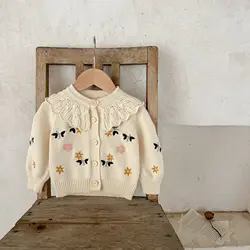 Autumn Little Girl Cardigans Floral Embroidery Infant Baby Girl Knitwear Lace Ruffle Collar Long Sleeve Cotton Kid Girl Sweaters