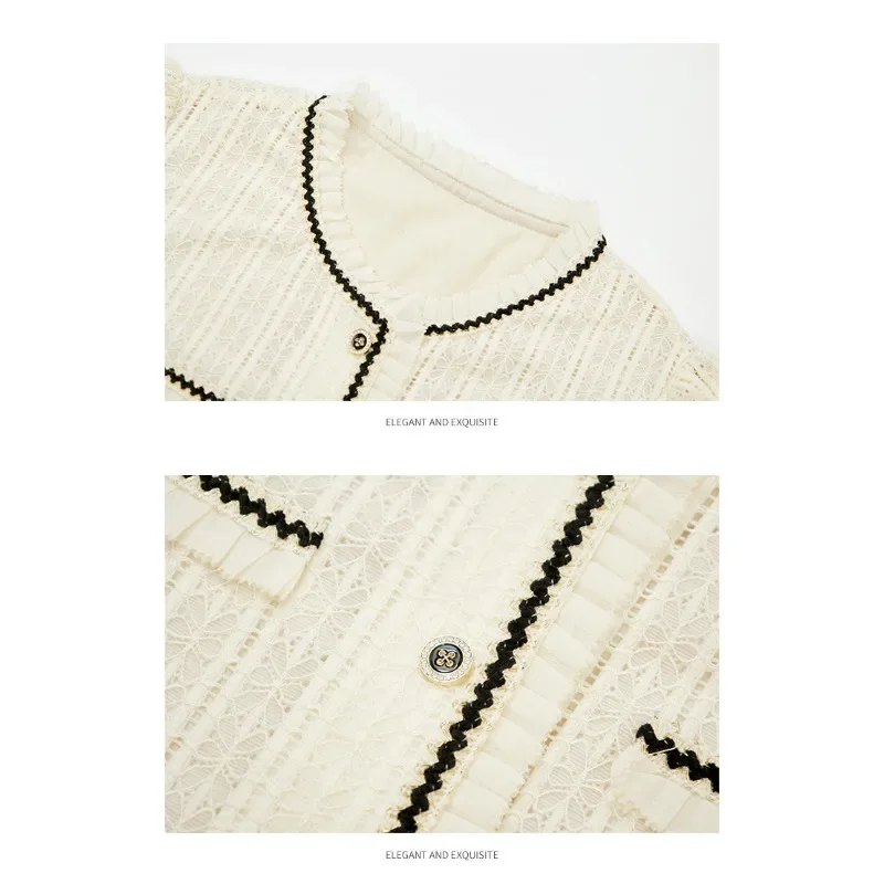 2023 New Hollow Out Long Sleeves Blouse for Women French OL Elegant Spring Autumn Lace Shirt Vacation Lolita Loose Clothing