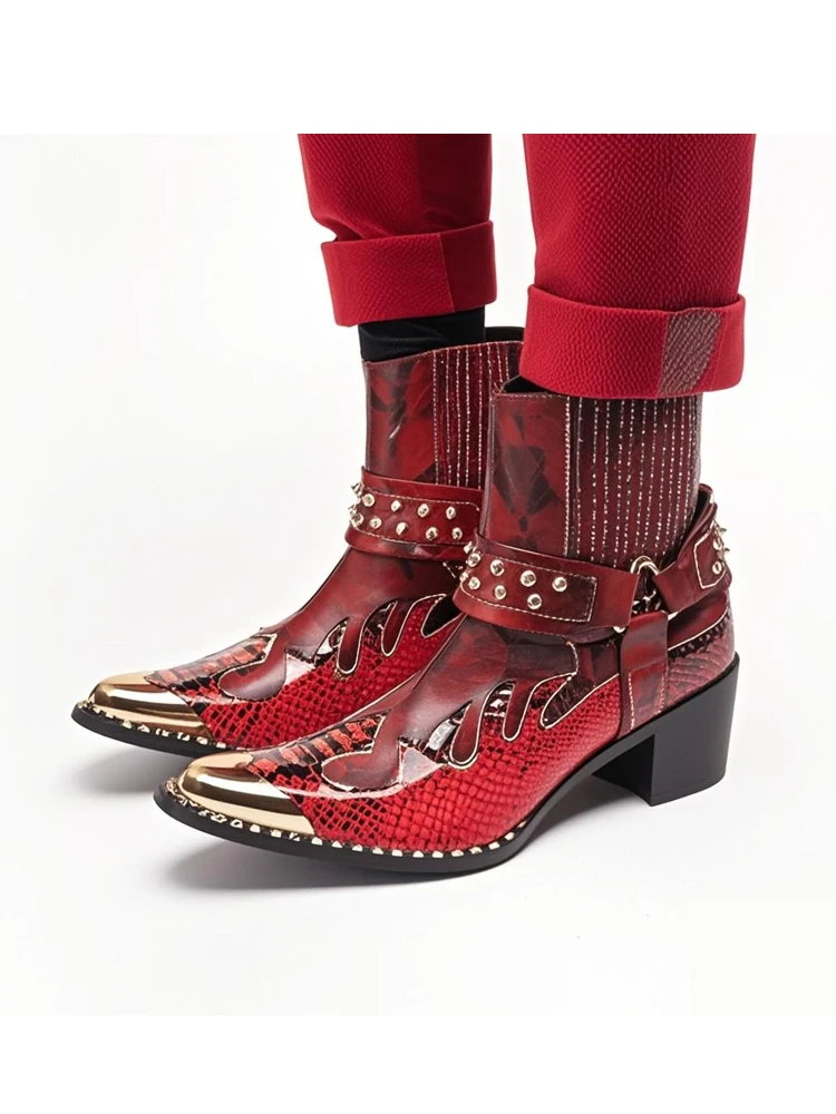 Herren-Designer-Stiefeletten aus echtem Leder mit Metallspitze, Nieten-Dekor und Print, Übergrößen, Cowboy-Motorrad-Schuhe für Business – Detail 19