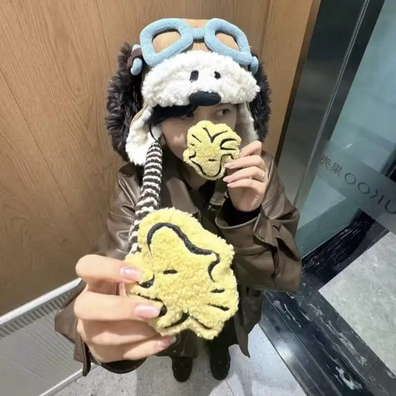 Kawaii Snoopys Pilot Plush Earflap Hat CuteWinter Warm Thick Fluffy Trapper Hat Windproof Soft Protective Hat Headwear Gift