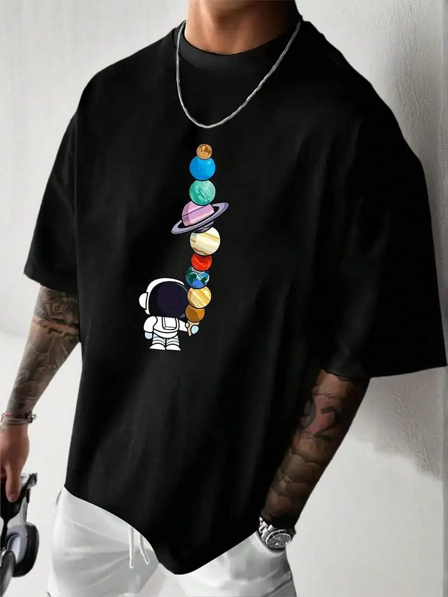 Zrgoth Men's Casual Versatile Simple Planet Print Short Sleeve T-Shirt