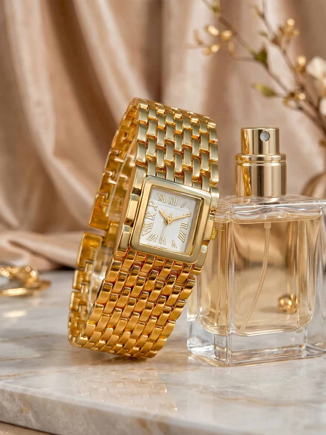 Retro Opulent Square Roman Mark Dial Broad Gold Band Elegant Watch for Woman