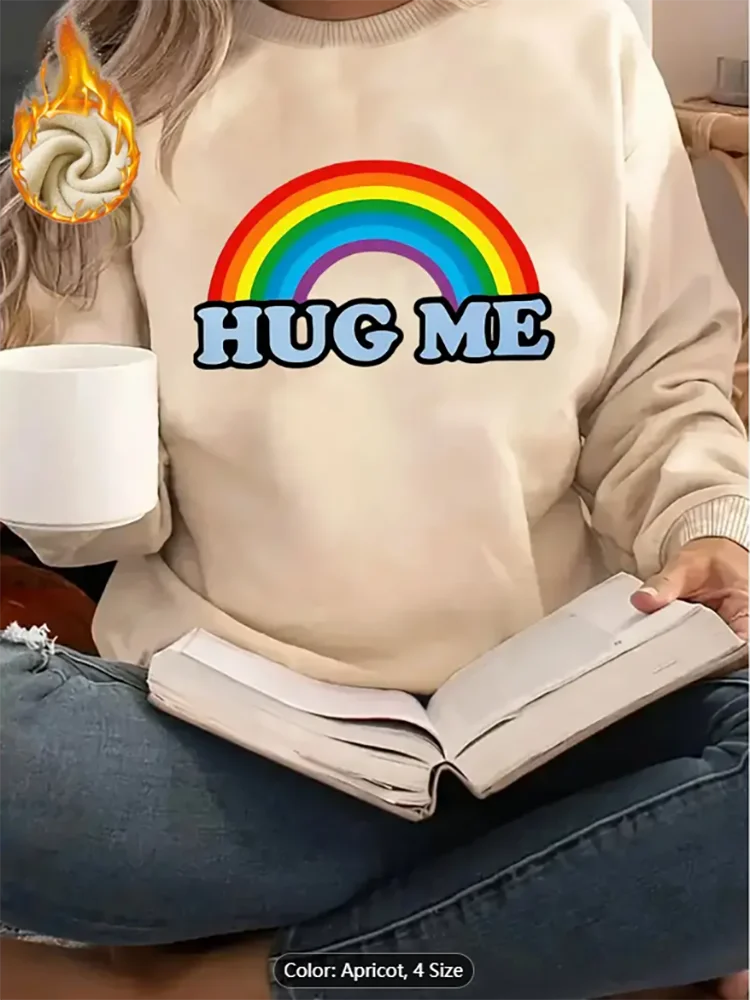 

Womens Apricot Sweatshirt Hug Me Rainbow Graphic Print Fleece Lined Casual Oversized Pullover Top Machine Washable Pure Cotton