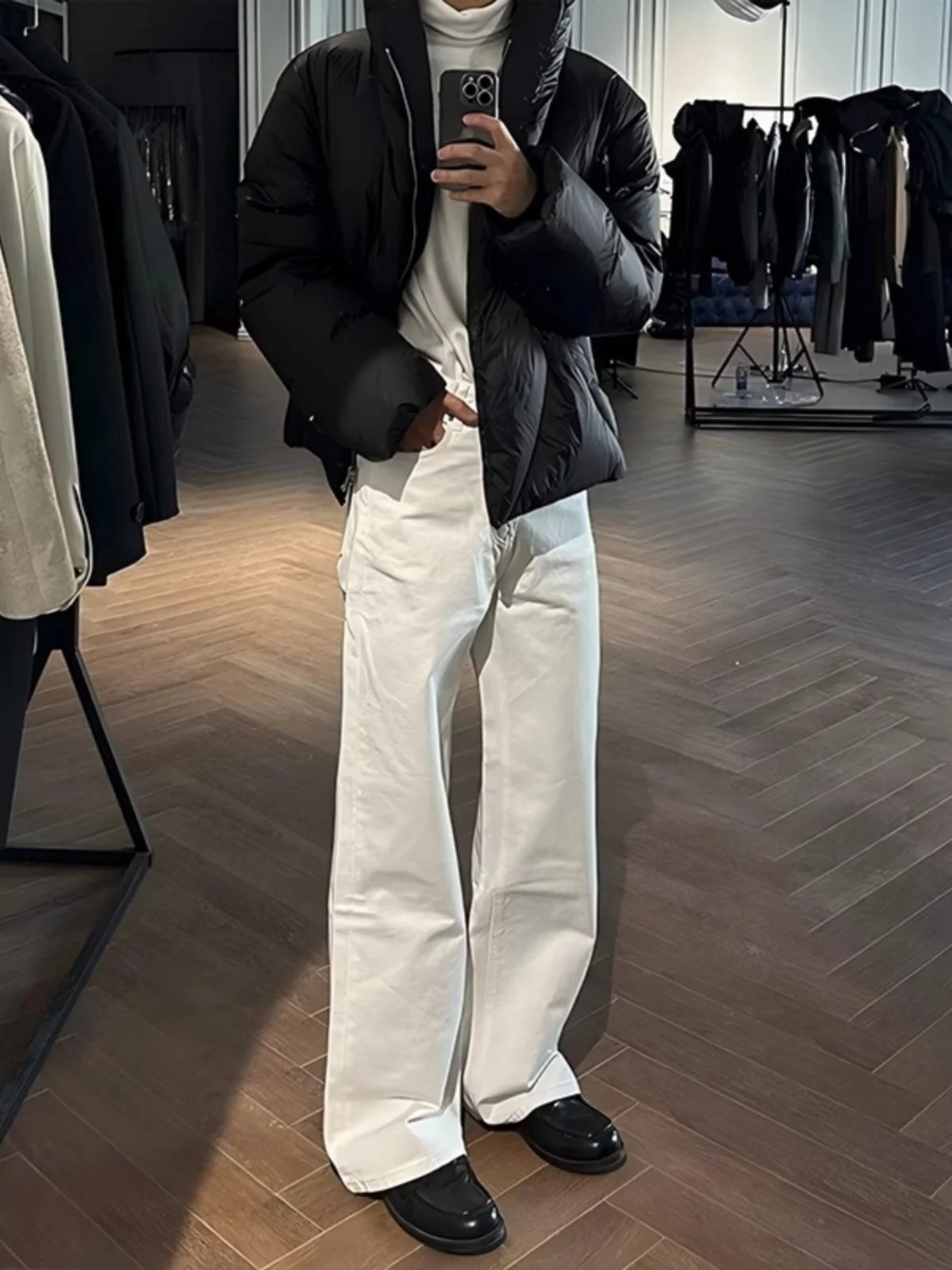 

Cleanfit White Straight Leg Jeans Men's Autumn Winter High Waist Lift Trousers American High Street Micro Flare Long Pants