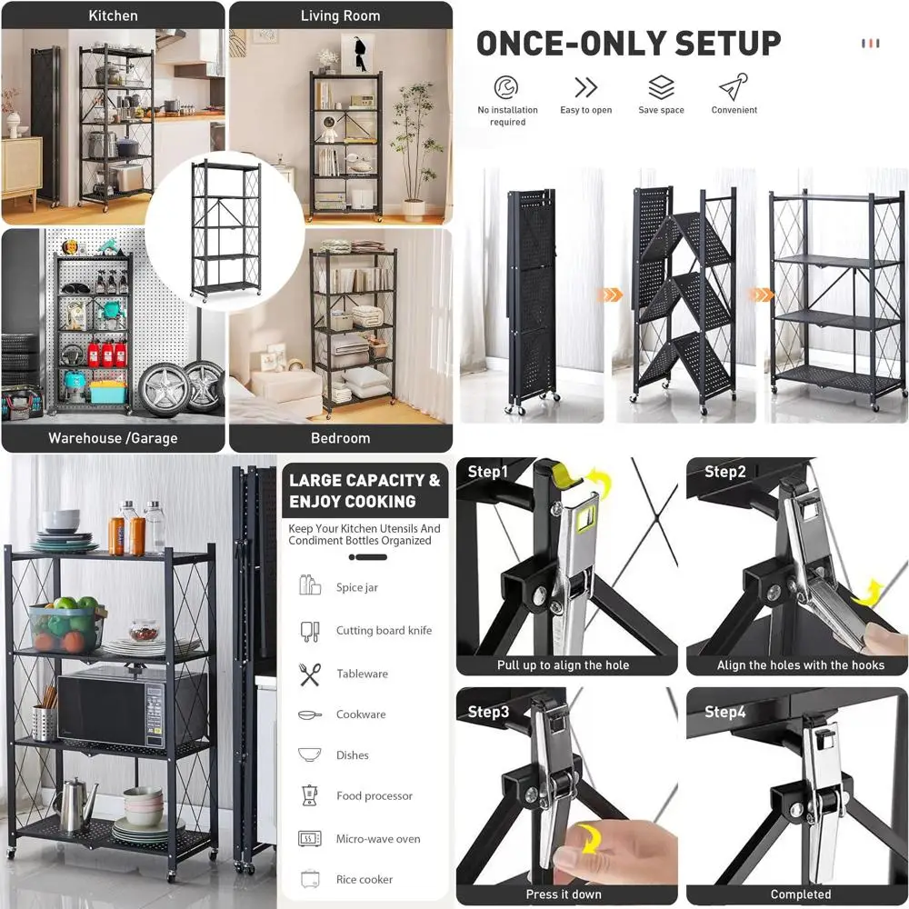 

Collapsible Metal Storage Shelves with Wheels, Heavy Duty 4-Tier Organizer for Garage, Kitchen, Living Room, Large Capacity, Bla