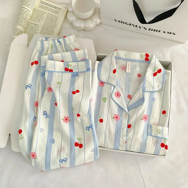 2026 جديد سحابة القطن الكرتون عادية لطيف طويلة الأكمام السراويل قطعتين المرأة المنزل دعوى مجموعة مخطط الكرز القوس طباعة ملابس خاصة #4