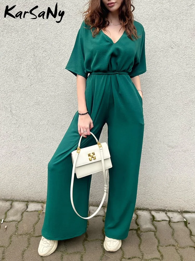 

Women's Clothing Sales New Short Sleeve Full Length For Women Belt Elegant Female Loose Solid Color V-neck Women's Jumpsuit