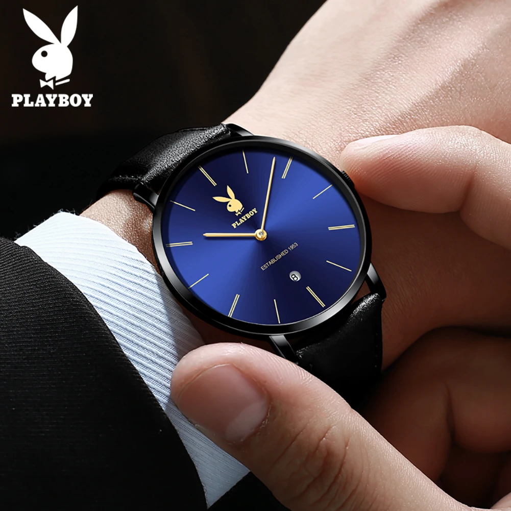 PLAYBOY High Quality Waterproof Watch For Men Fashion Genuine Leather Strap Men Quartz Wristwatches Luxury Calendar Male Watch