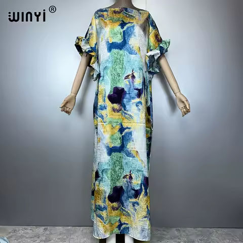 WINYI bohemian evening dress dubai luxury Female loose Print kaftan muslim woman clothing holiday beach dress fashion Caftan