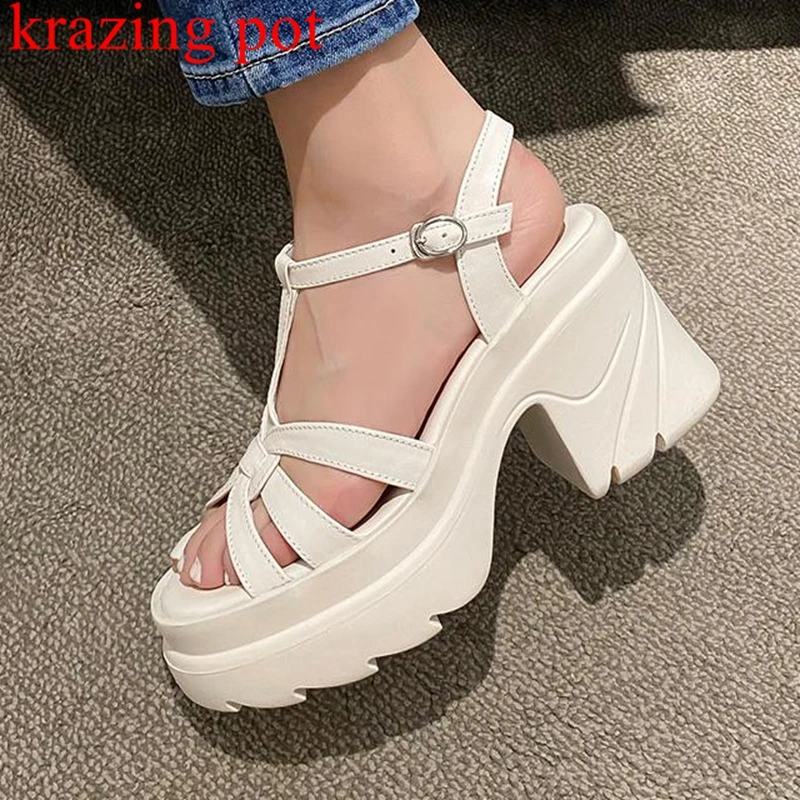 Krazing Pot Genuine Leather Waterproof Thick Bottom Super High Heels Nightclub Sexy Girls Peep Toe Buckle Straps Leisure Sandals