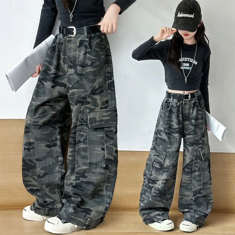 

Big Kids Casual Sport Pants Spring Teenage Joggers Trousers Child Streetwear Baggy Pants With Belt Girl Camouflage Cargo Pants