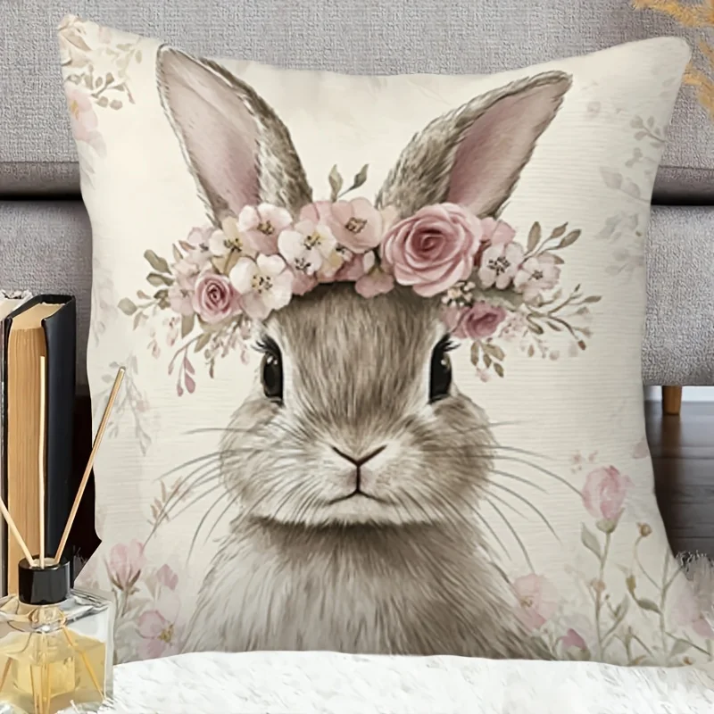 1pc Bunny Flower Wreath Printed Throw Pillow Cover, Suitable for Sofa, Bedroom, Living Room, a Healing Gift for Animal Lovers.