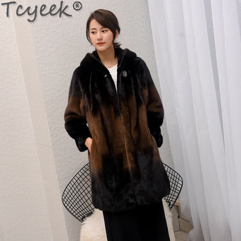 Tcyeek 2023 Hooded Mid-long Whole Mink Fur Jacket Women New Winter Warm Natural Fur Coat Womens Clothing Elegant Casaco Feminino