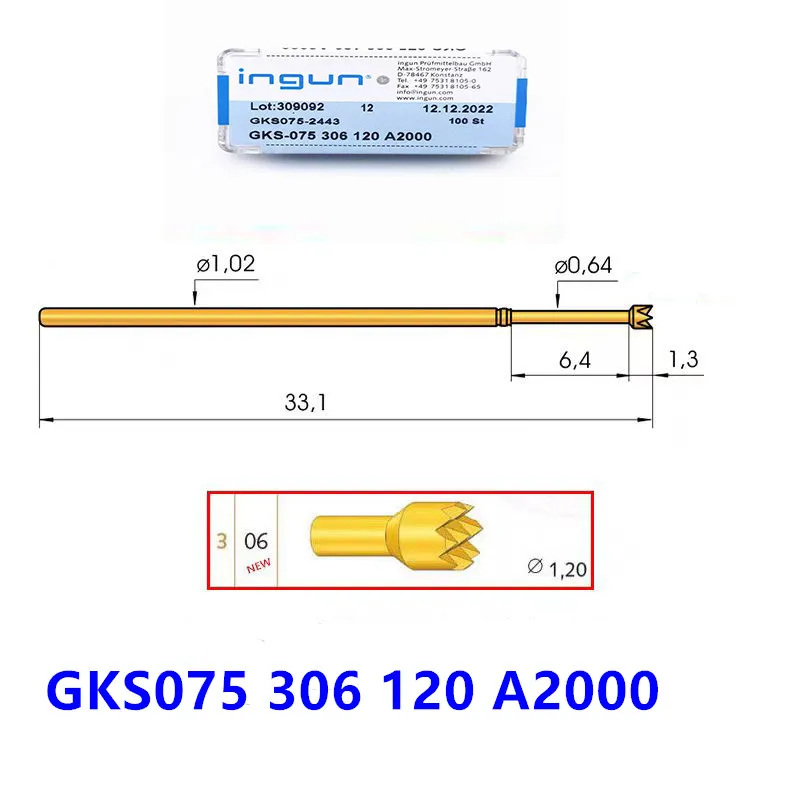 100PCS INGUN British Steel Probe GKS075 306 120 A2000/A2800 Nine Claw Plum Blossom Head 1.36mm Spring Test Pin