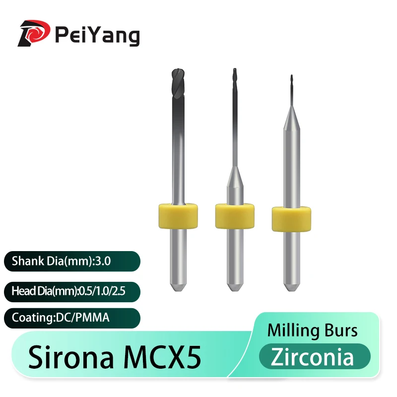 

1Pcs Dental Lab CADCAM Milling Bur Sirona MCX5 Zirconia Cutters 0.5mm/1.0mm/2.5mm DC PMMA Coating Shank 3MM