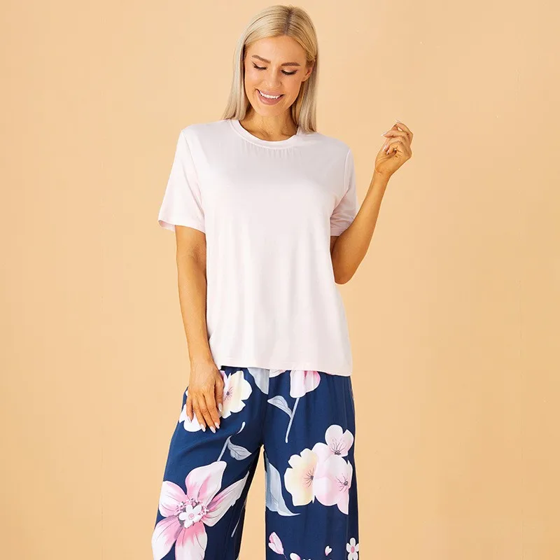 Conjunto de Pijama de 2 piezas para Mujer, ropa de dormir holgada, de manga corta, con estampado, informal