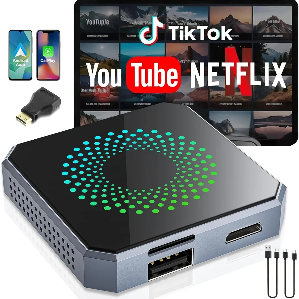 Wireless CarPlay and Android Auto adapters, compatible with Netflix and YouTube. The CarPlay AI box comes with USB-A and USB-C cables, suitable for iPhone and Android devices, converting a wired connection to wireless CarPlay streaming in your vehicle.
