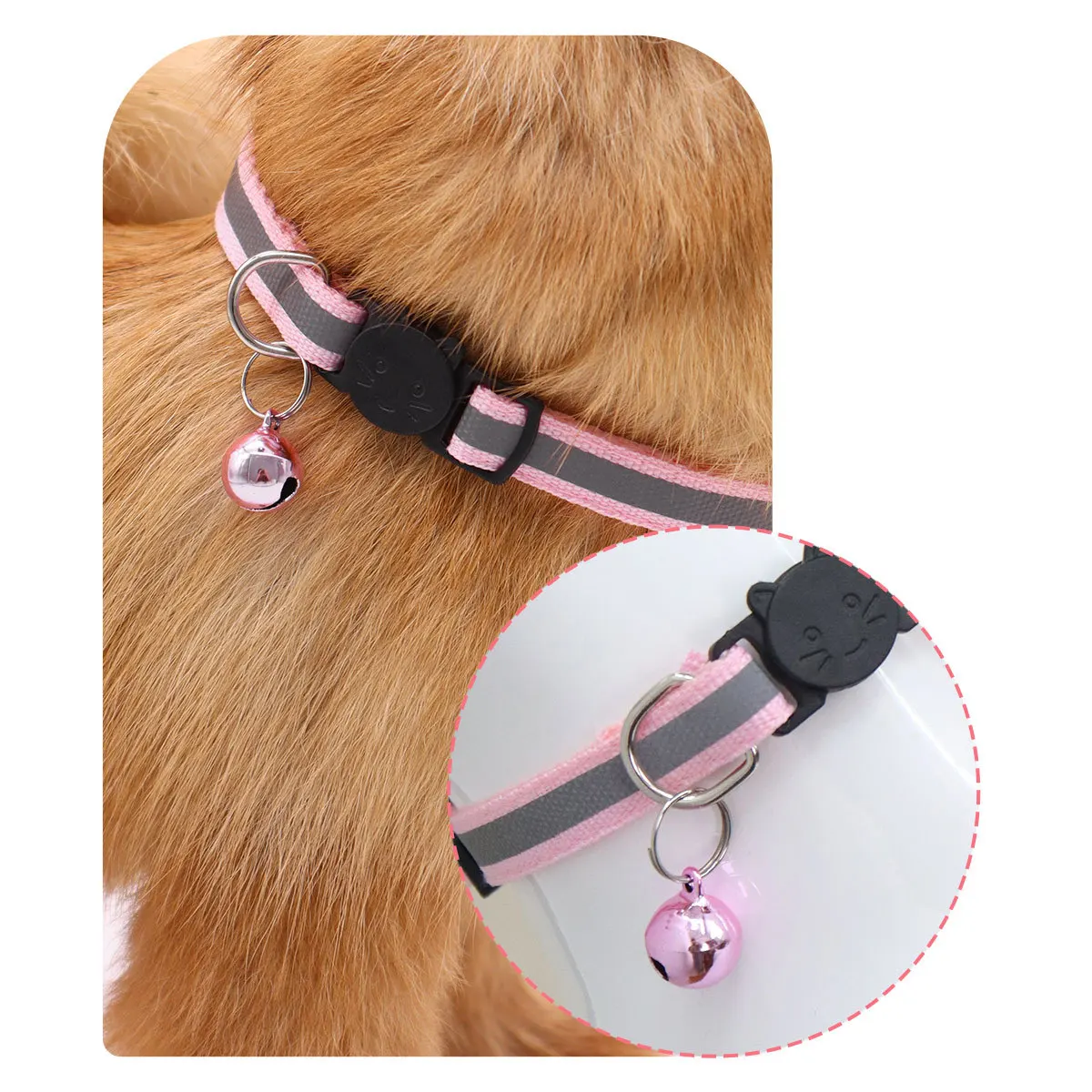 Reflective Cat Collar With Bell Cartoon Cat Head Safety Buckle Nylon Pet Collar Puppy Kitten Collar For Daily Night Walk