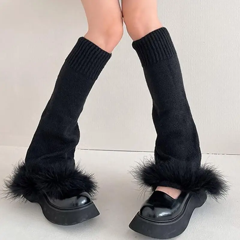 Harajuku Goth hitam rajutan kaki Warmes Y2k aksesoris berbulu kaki kaus kaki JK Lolita Fashion terompet putih penghangat pergelangan kaki manset