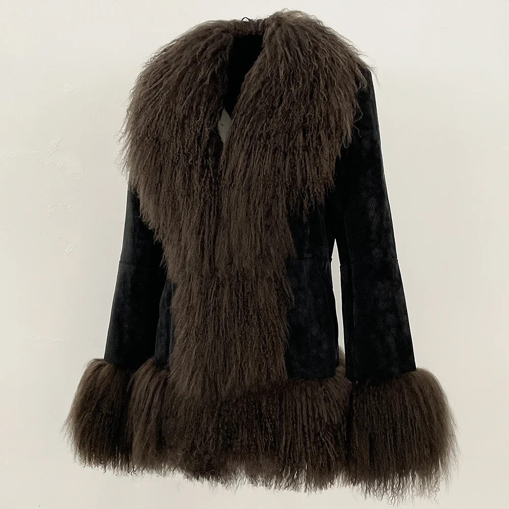 OFTBUY New Winter Warm Curly Mongolia Sheep Fur Jacket Women Vintage Shearling Coat Slim Faux Suede Real Rabbit Fur Clothing
