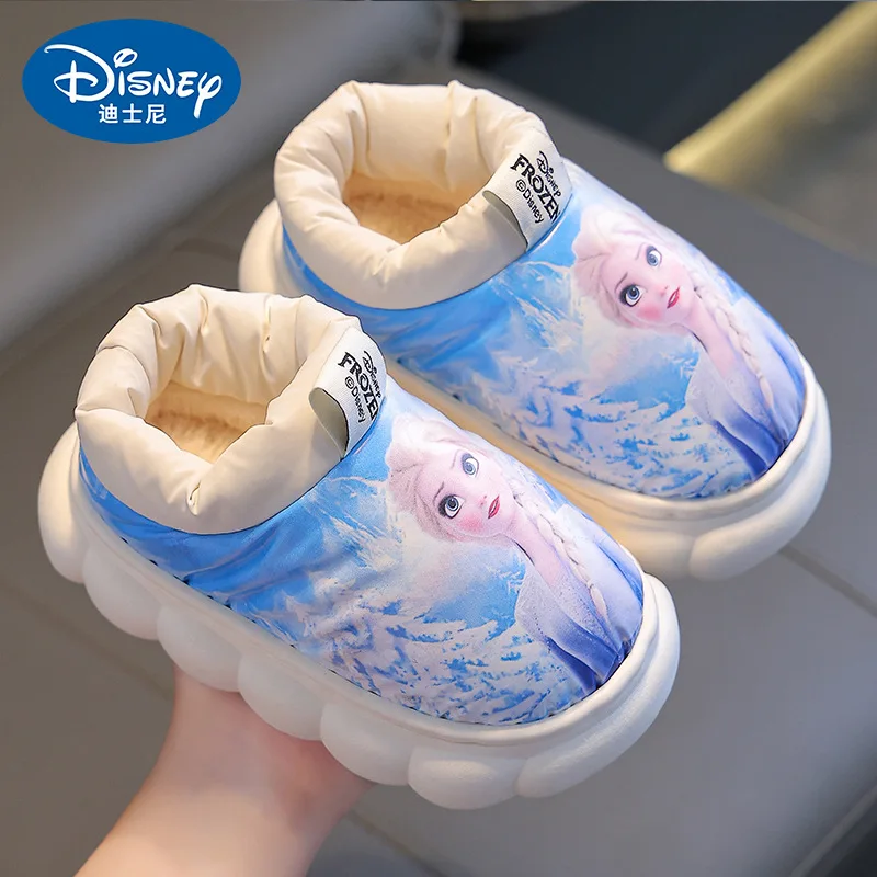 Disney Children\'s Cartoon Heel Cotton Slippers Winter Girls\' Indoor Anti slip Frozen Princess Elsa Baby Waterproof Cotton Shoes