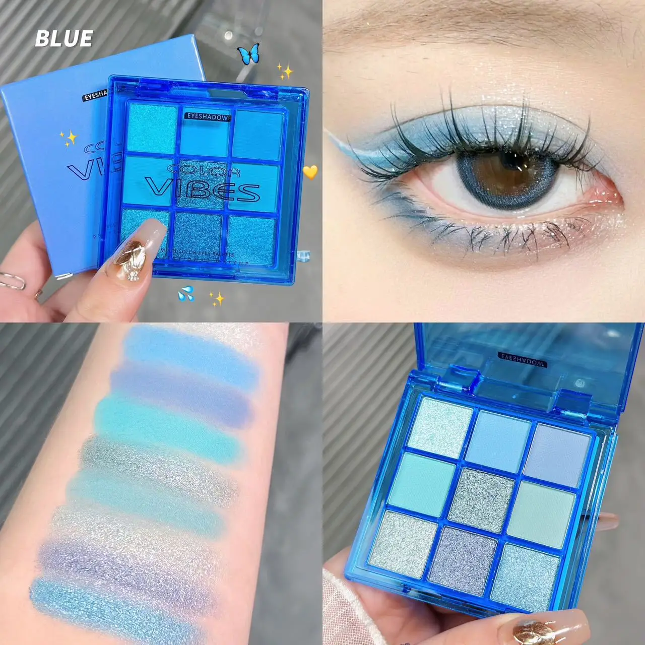 A paleta acrílica matte das sombras de olho, olho impermeável compoem, 9 cores, azul, roxo, brilho, brilho, perolado