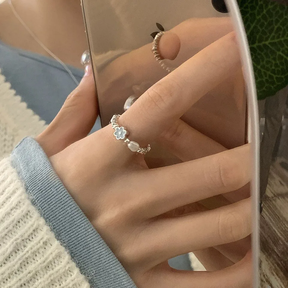 Women's Minimalist 925 Sterling Silver Blue Flower Ring