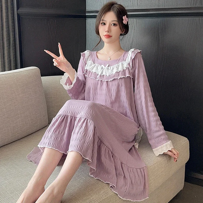 Lace Design Nightgowns Women Ruffles Loose Sweet Tender Princess Home College Girls All-match Sleepwear Spring Autumn Ulzzang