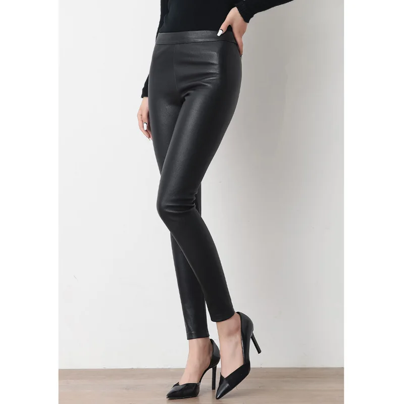 

Spring Pants Women Female Leggings Vintage Real Leather Slim High Waist Casual Ladies Ninth Pants Trousers Pencil Pants Elastic