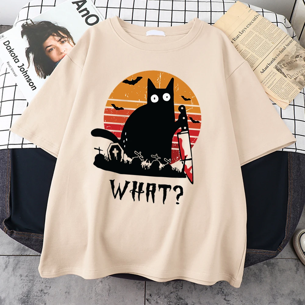 Black Knife Cat Funny WHAT Printed Tee Shirts Fashion Breathable Tshirts Oversized Soft Male T-Shirts Summer Loose Tshirt Mans