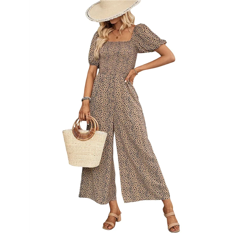 

A83F-2025 Модный женский летний комбинезон с цветочным принтом, повседневный свободный комплект боди с широкими штанинами и короткими рукавами