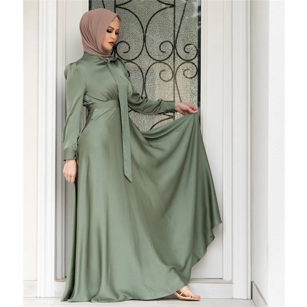 Eid Ramadan Dubai Musulmano Turco Raso Abaya Jalabiya Donne Marocchino Caftano Partito Maxi Vestito Arabo Caftano Nastro Abito Abito Abaya