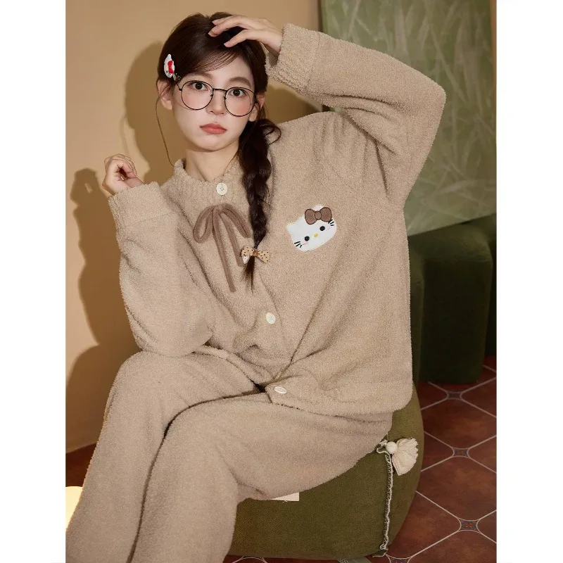 

Высококачественная полубархатная пижама Hello Kitty для девочек на осень-зиму, утепленная удобная домашняя одежда с героями мультфильмов для милых девочек