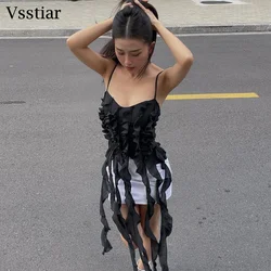 Vsstiar New Fashion Ruffles Women Crop Top Spaghetti Strap Sleeveless Sexy Camis Black White Party Club Tassel Tanks Tops Y2K