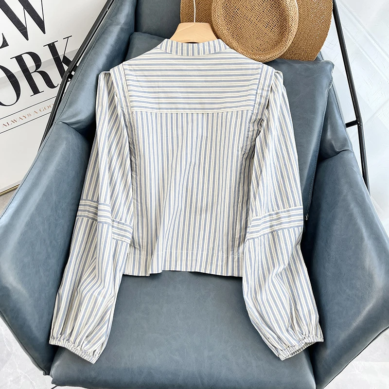 Bomon 2024 autumn new Korean version of fashion stand collar minority patchwork striped shirt women's long sleeve top