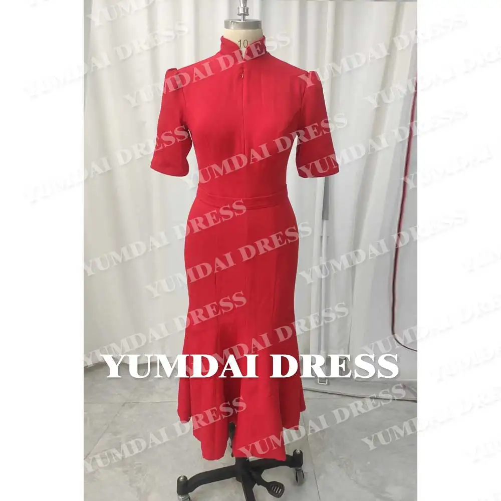 YUMDAI Red Beaded Slit Evening Gown Dubai Mermaid Elegant Luxurious Short Sleeve 2023 Formal Dress for Women Wedding Party Guest