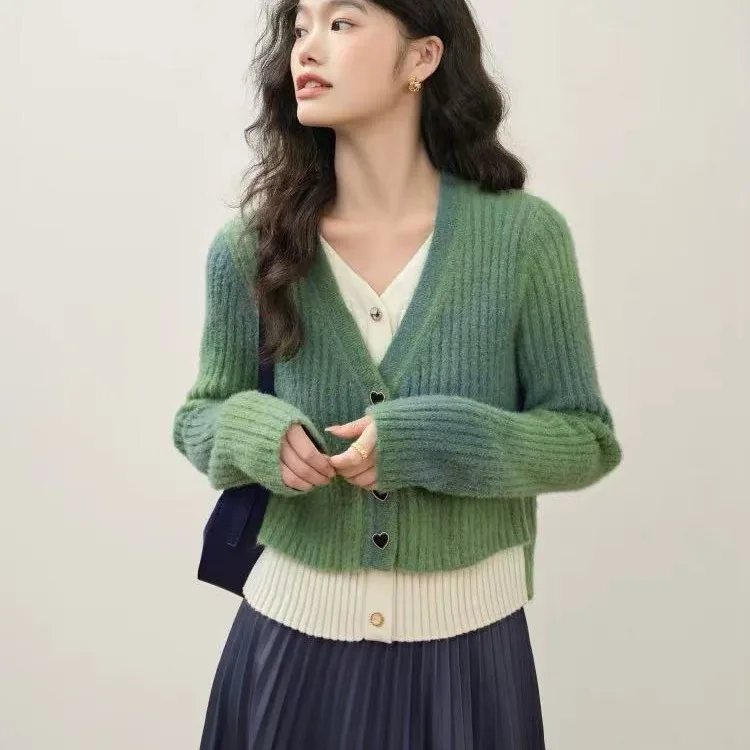 

V-Ne Knitted Sweater Fake Two-Piece Open Cardigan Long Sve Autumn Winter Outerwear for Women Quali Material Regular Le...