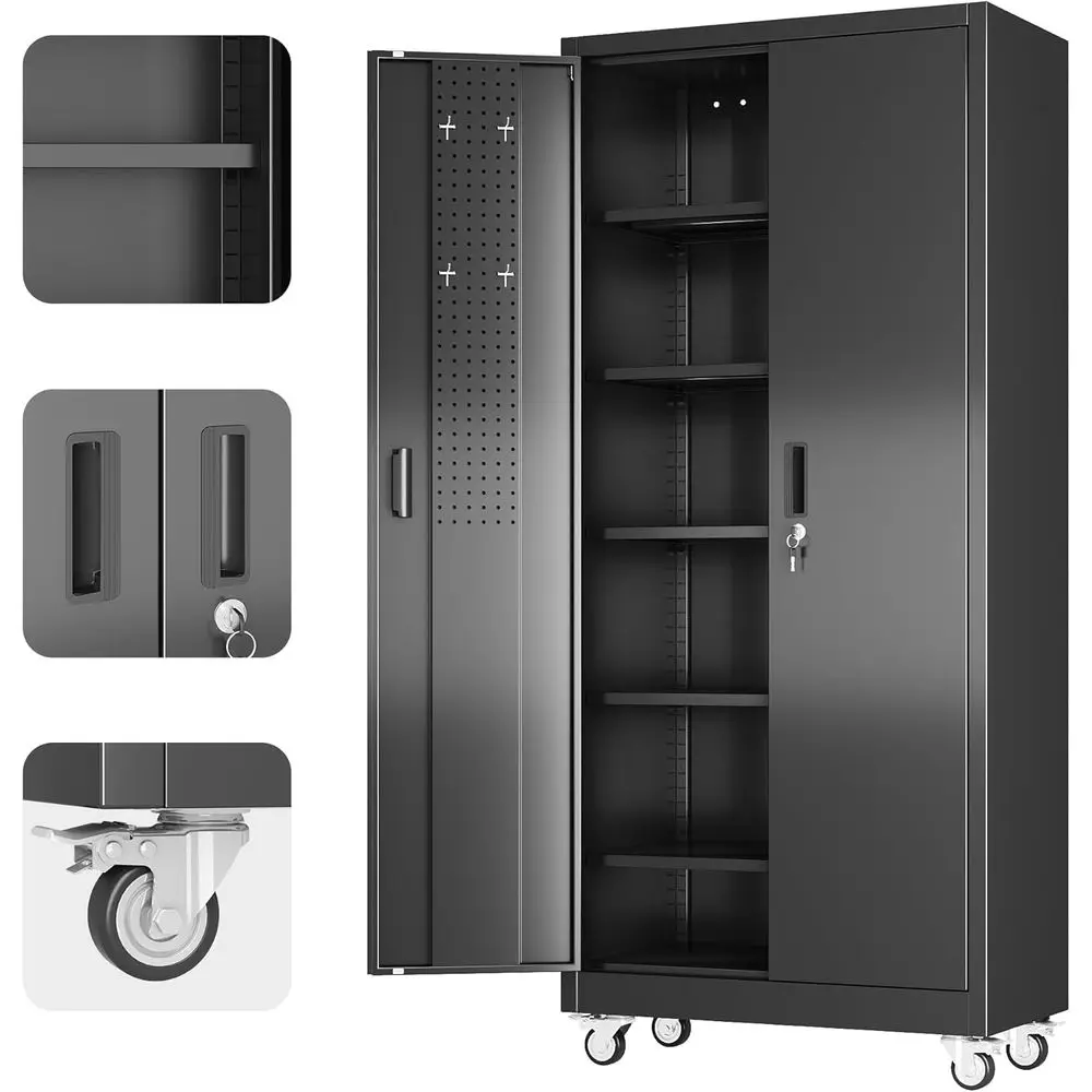 

Металлический шкаф для хранения вещей 71 дюйм В × 32 дюйма Ш × 16 дюймов D на колесах, стальной шкаф для хранения в гараже с 5 регулируемыми полками и 4 крючками для дома