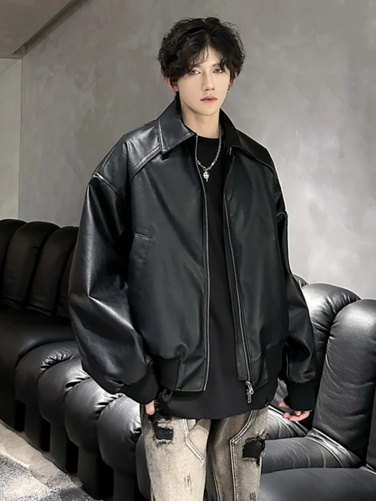 

American Sle ort PU Leather Jaet Men's Briti Sle Baseball Collar Workwear Pilot Coat Youth Trend Spring Outerwear