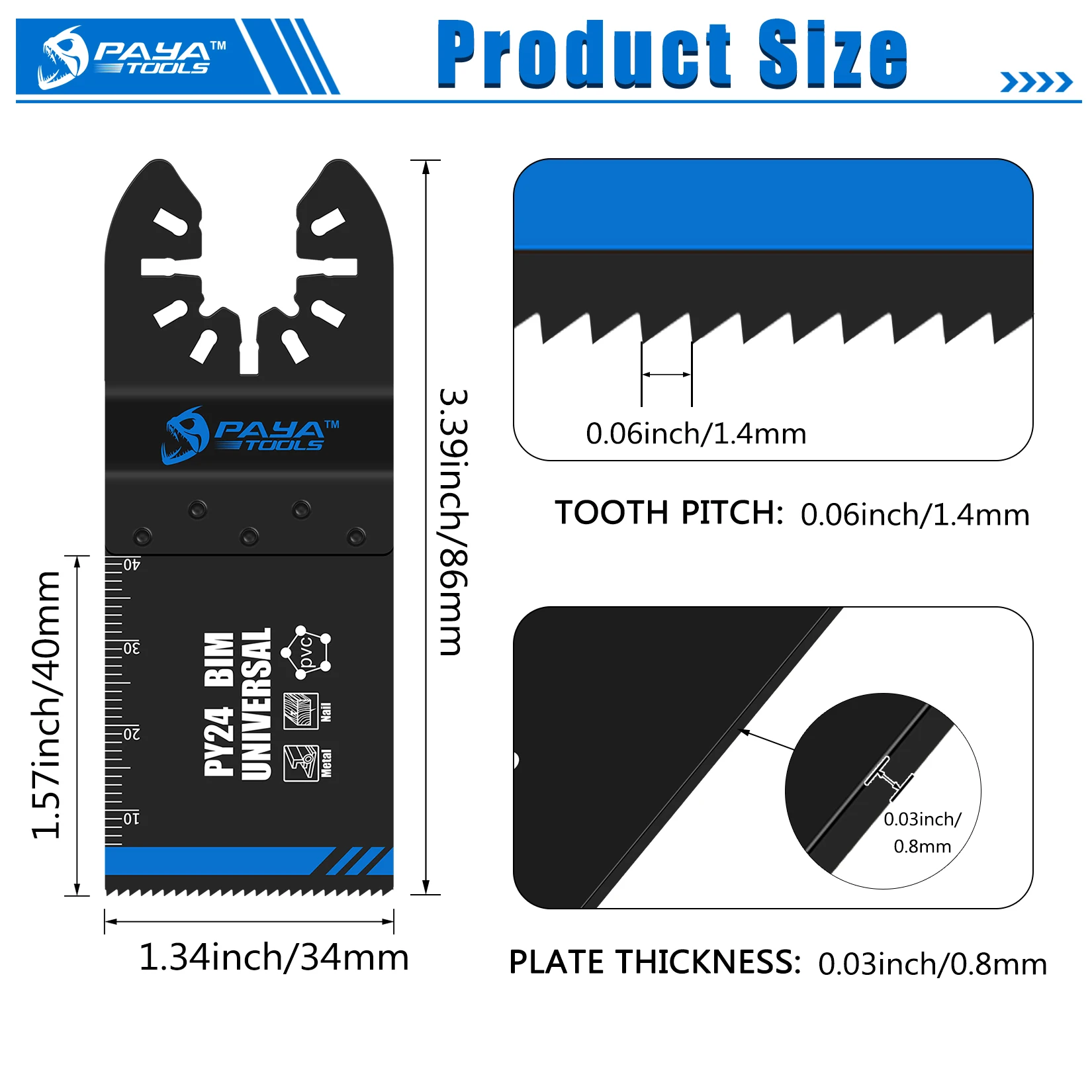 PAYA 5PCS Pack 34MM BI-METAL Quick-fit Oscillating Multi Tool Blade Set for Cutting Wood Metal Drywall Wood With Nails
