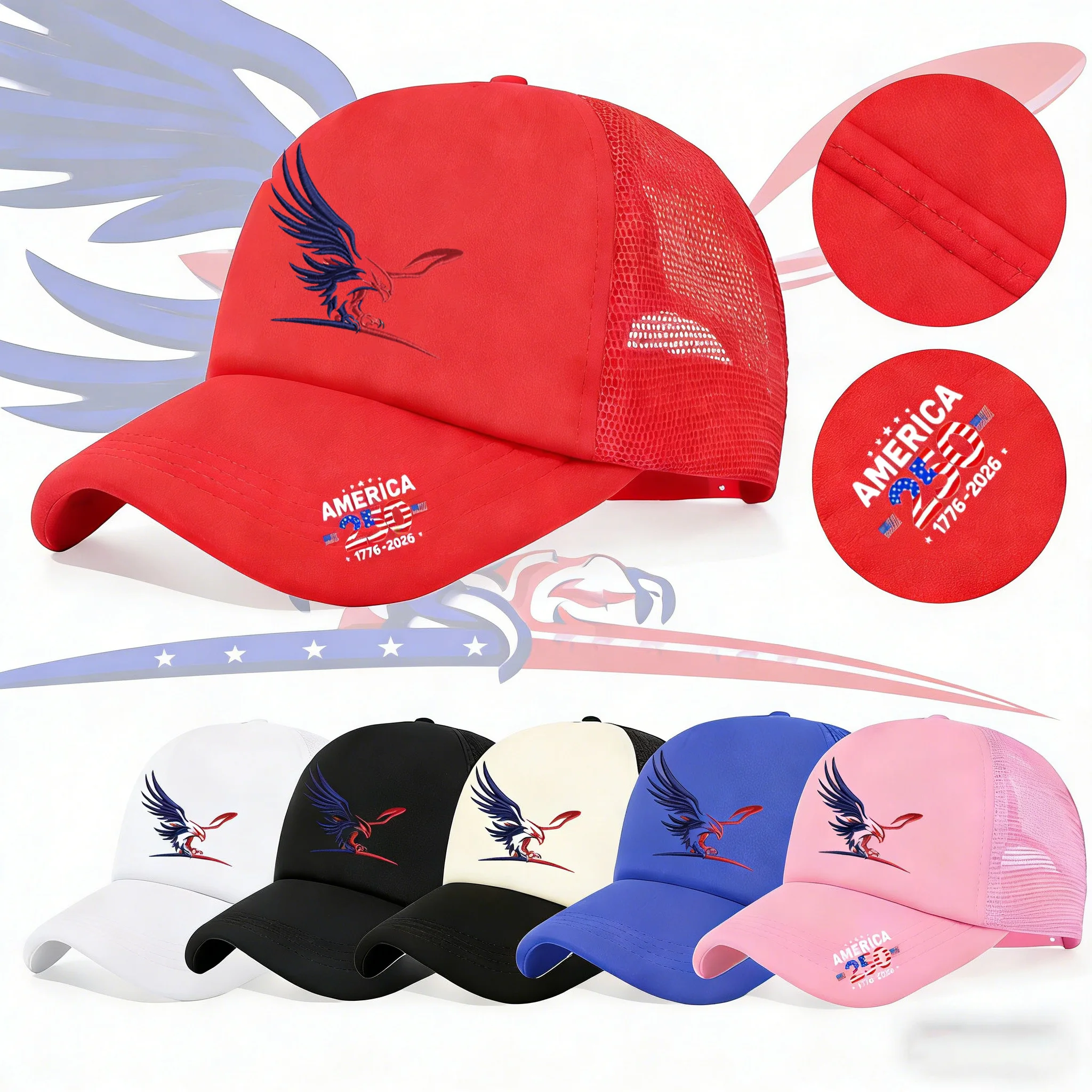 1PC Dynamic 250th America Trucker Hat, Gorra de estilo urbano con estampado de águila deportiva para aficionados patrióticos