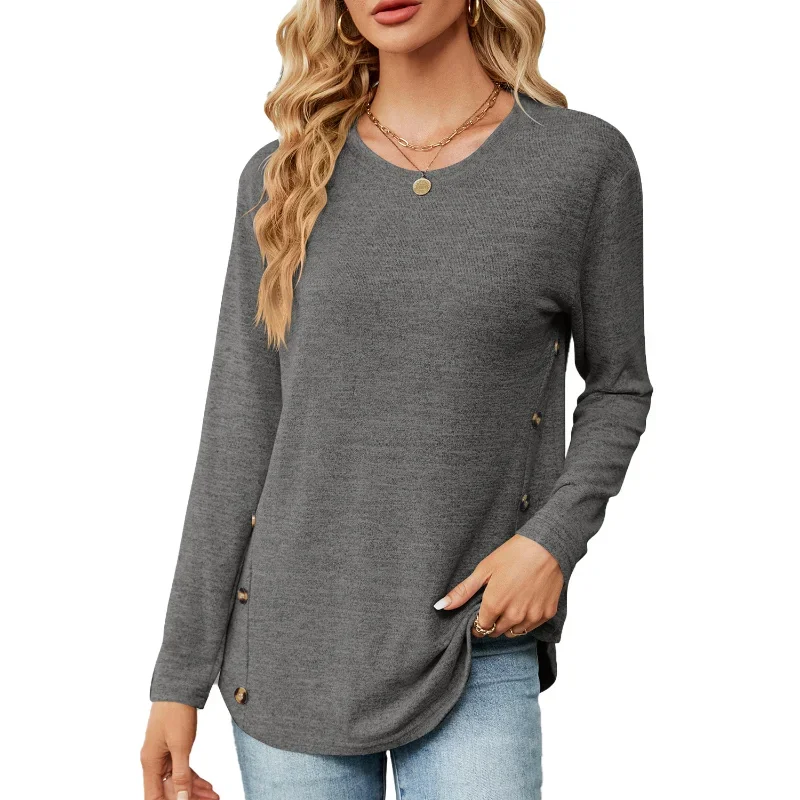 2023 Autumn Europe and America Women's Clothing Casual Solid Color Long Sleeve Round Neck Loose Fashion Spliced Button T-shirt