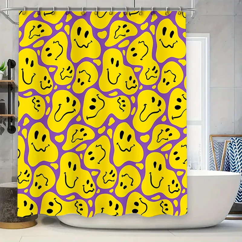 

Занавеска для душа с ярким смайликом, современный декор для ванной комнаты, фиолетовый, желтый, водонепроницаемая ткань 72x78 дюймов (180x200 см)