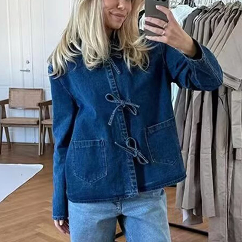 Mode Frauen Denim Jacke Frauen Casual Drehen Unten Kragen Langarm Mäntel Für Frauen Lace Up Blusen Mit Tasche Oberbekleidung Dame