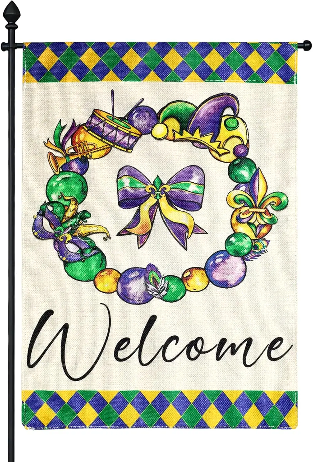 Mardi Gras Donut Bow Garden Flag Double Sided Welcome New Orleans Carnival Yard Outdoor Decoration Burlap 12x18 Inch UUL EEZ
